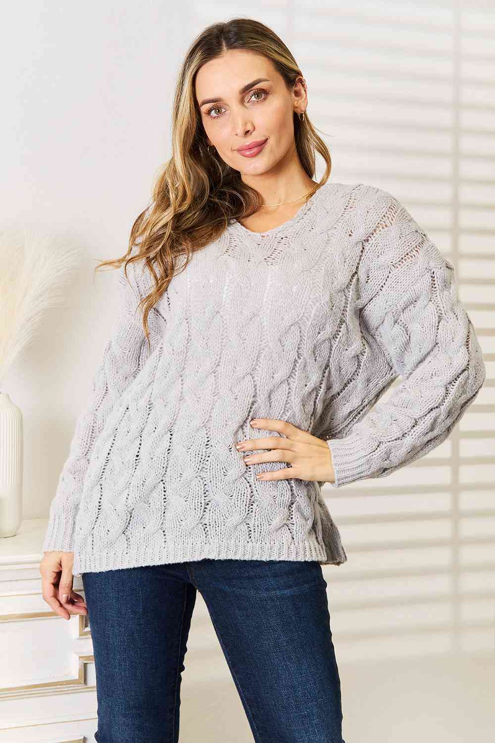 Woven Right Cable-Knit Hooded Sweater *