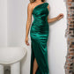 One-Shoulder Ruched Slit Green Maxi Dress