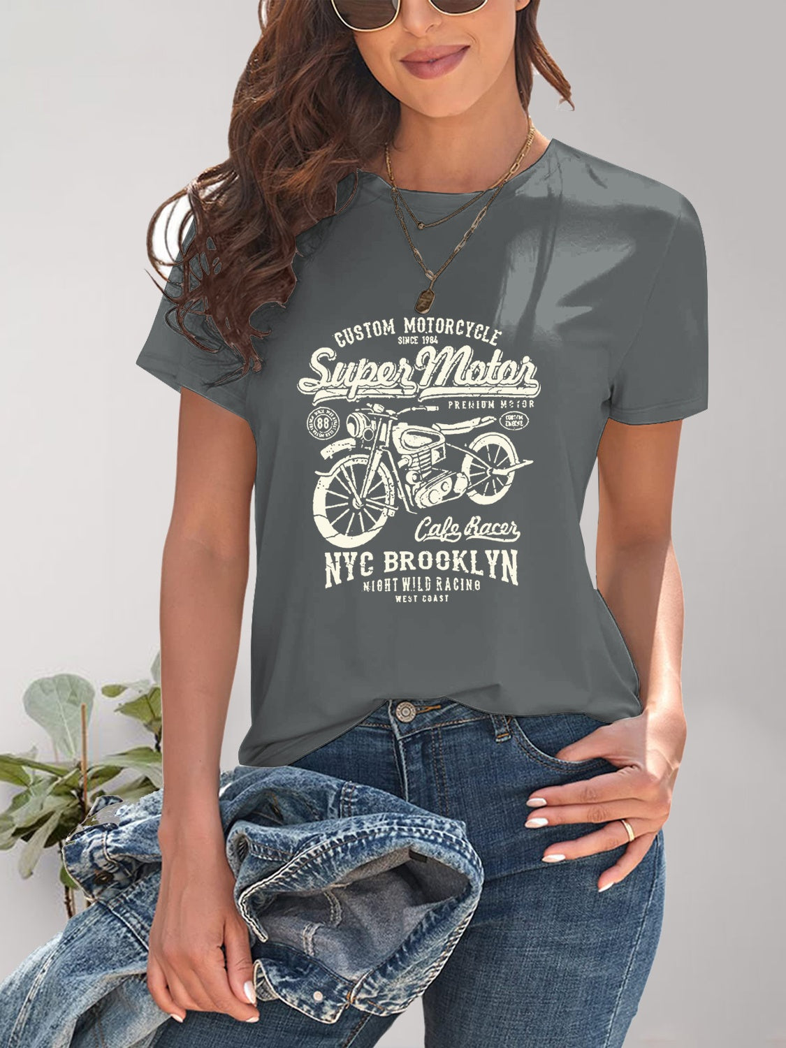 Motorcycle Graphic Round Neck T-Shirt