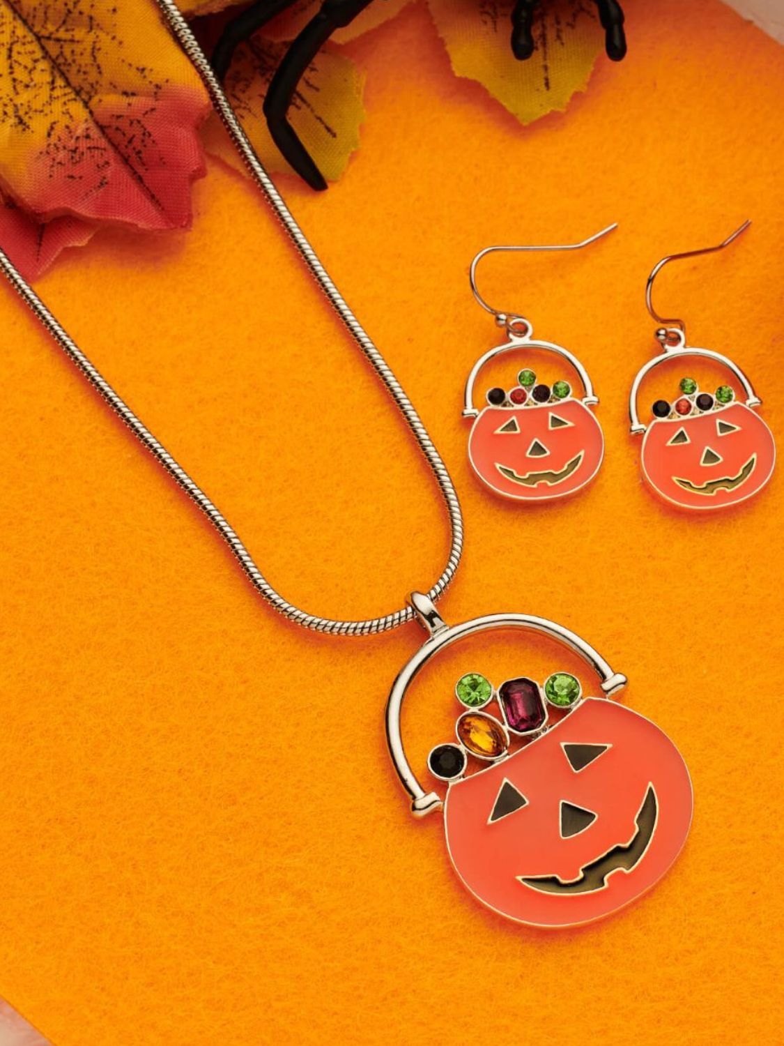 Halloween Pumpkin Themed Dangle Earrings and Necklace Set