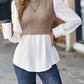 Full Size Contrast Round Neck Puff Sleeve Blouse