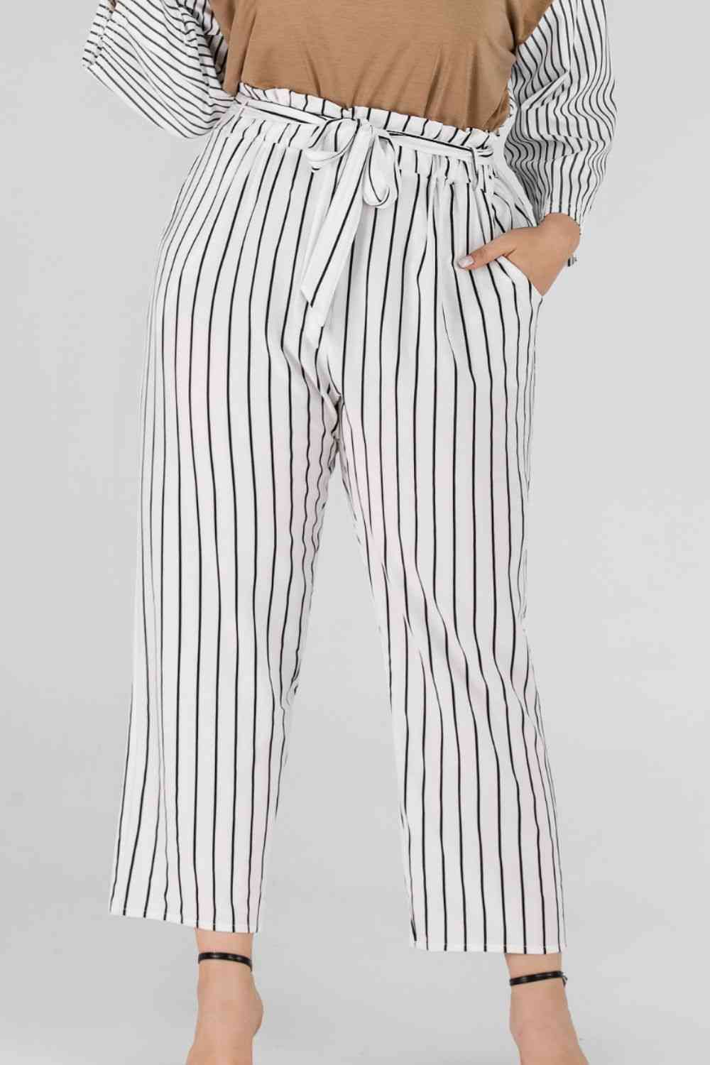 Full Size PantsPlace Striped Paperbag Waist White Cropped Pants