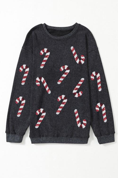 Christmas Themed Sequin Candy Cane Round Neck Sweatshirt