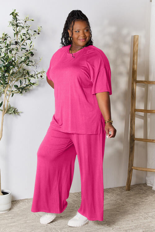 Double Take Full Size Round Neck Slit Top and Pants Set *