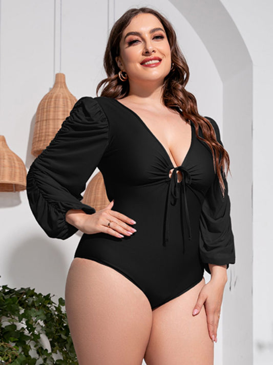 OCEANWAVES Women's Plus Size Tied Deep V Balloon Sleeve One-Piece Swimsuit