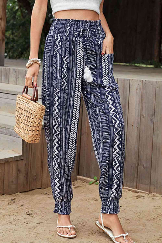 PantsPlace Geometric Print Tassel Dark Navy High-Rise Pants