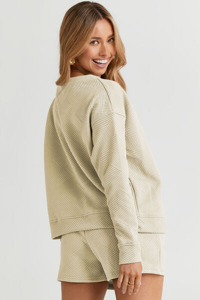 Double Take Full Size Texture Long Sleeve Top and Drawstring Shorts Set *