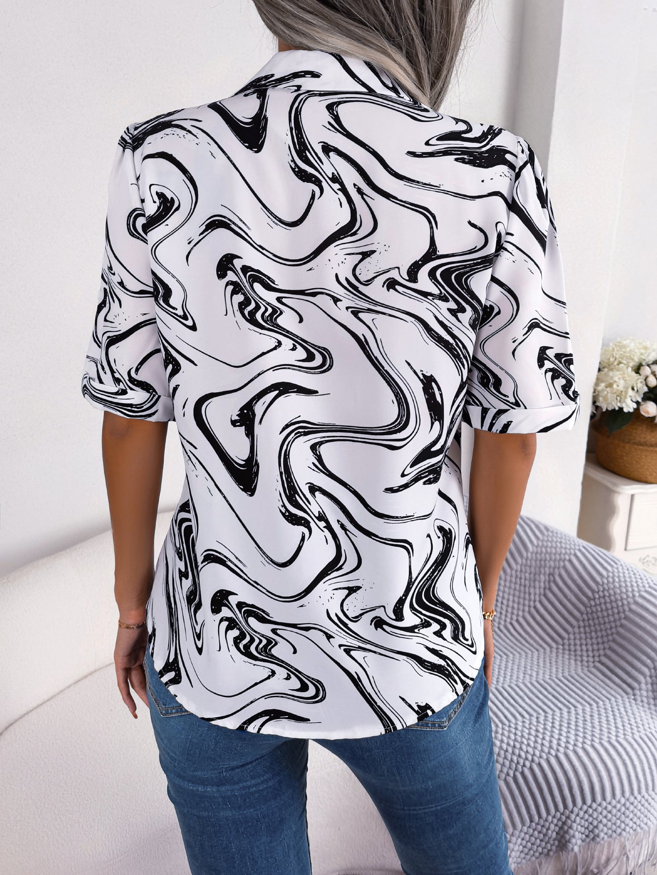 SoBeautiful Printed Lapel Collar Shirt