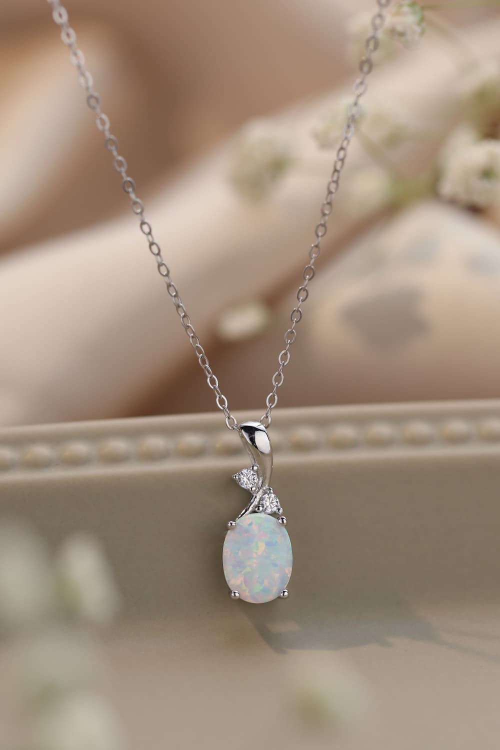 Women's Opal Oval Pendant Chain Necklace