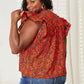 Double Take Red Orange Floral Flutter Sleeve Notched Neck Blouse