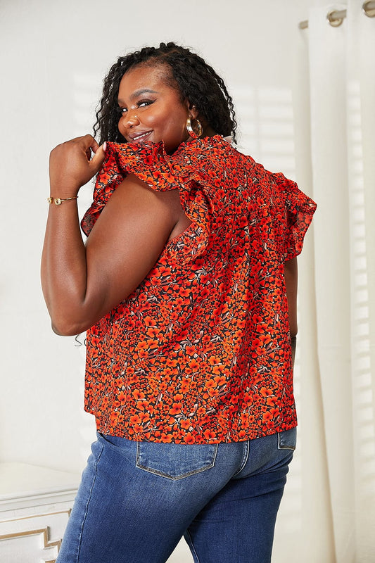 Double Take Red Orange Floral Flutter Sleeve Notched Neck Blouse