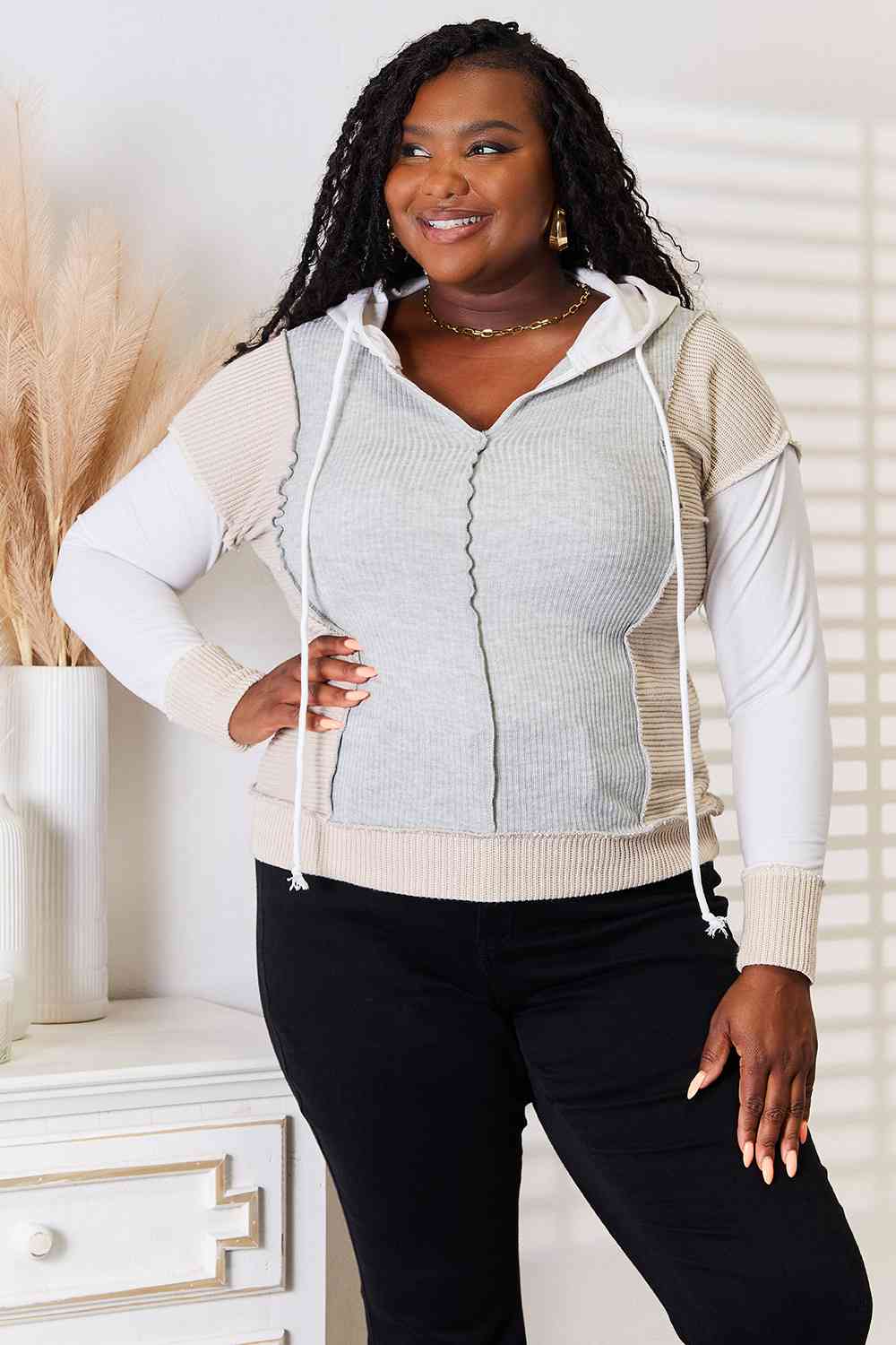 Double Take Color Block Exposed Seam Drawstring Hoodie *