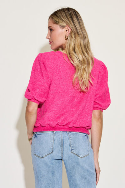 Zenana Round Neck Lantern Half Sleeve Sweater *
