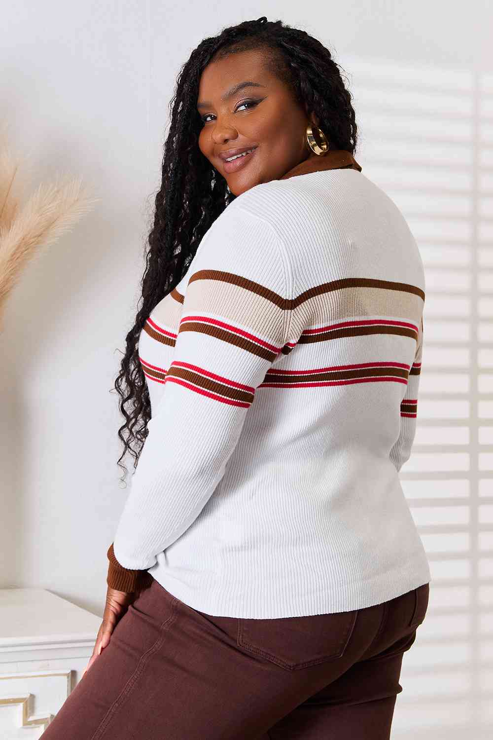 Basic Bae Striped Collared Neck Rib-Knit Top *