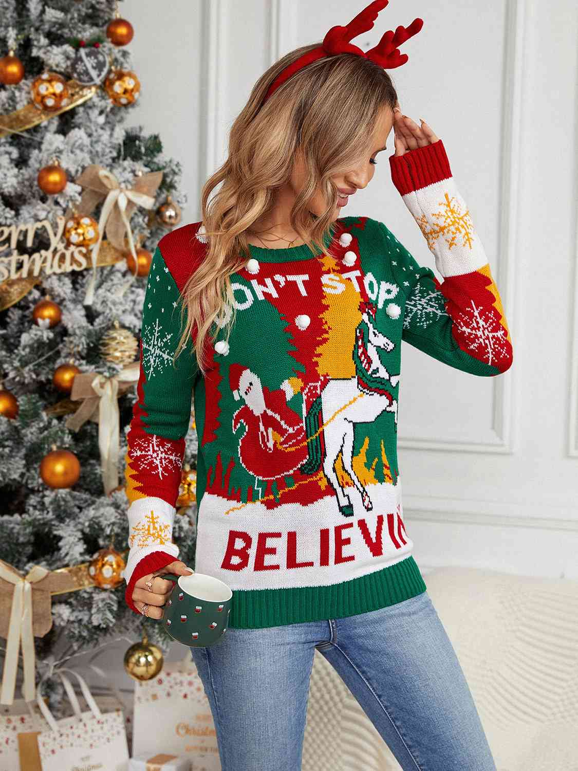 Christmas Themed Printed Round Neck Long Sleeve Sweater