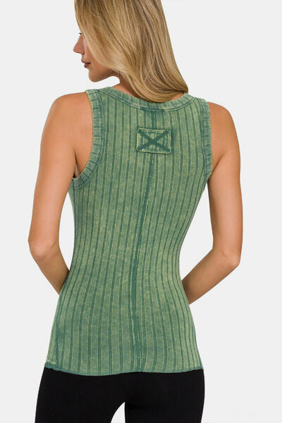 Zenana Washed Ribbed Half Snap Henry Tank - Brand Zenana