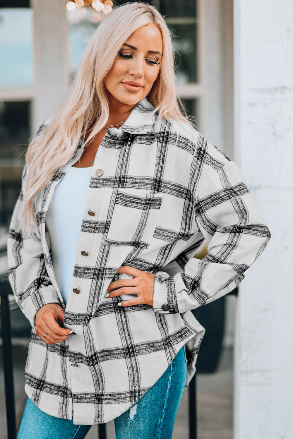 Aaarti&Destiny Full Size Plaid Curved Hem Dropped Shoulder Longline Shirt Jacket