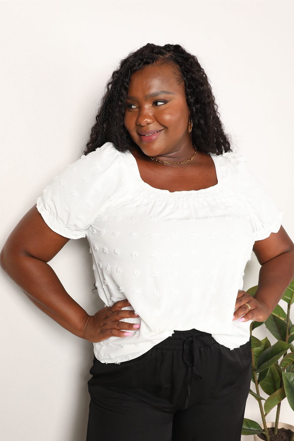 Double Take Full Size White Swiss Dot Puff Sleeve Square Neck Blouse