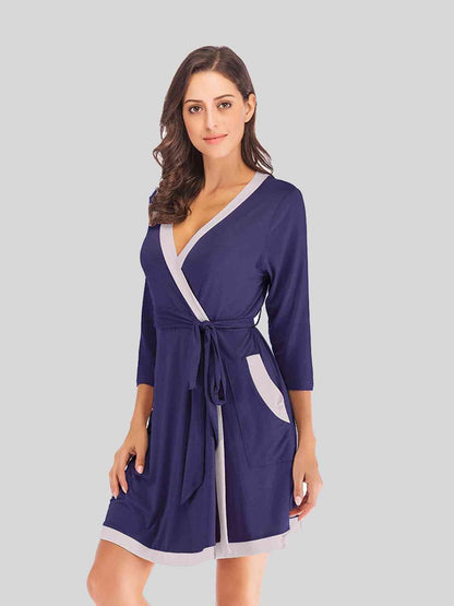 Full Size Tie Waist Surplice Neck Robe with Pockets