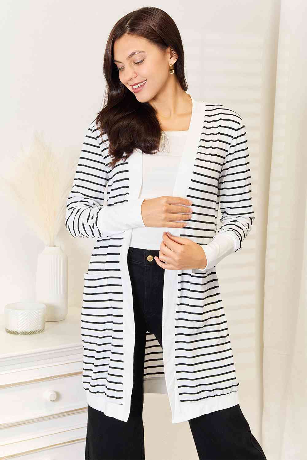Double Take Striped Open Front Longline Cardigan *