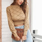 Openwork Plaid Round Neck Cropped Sweater