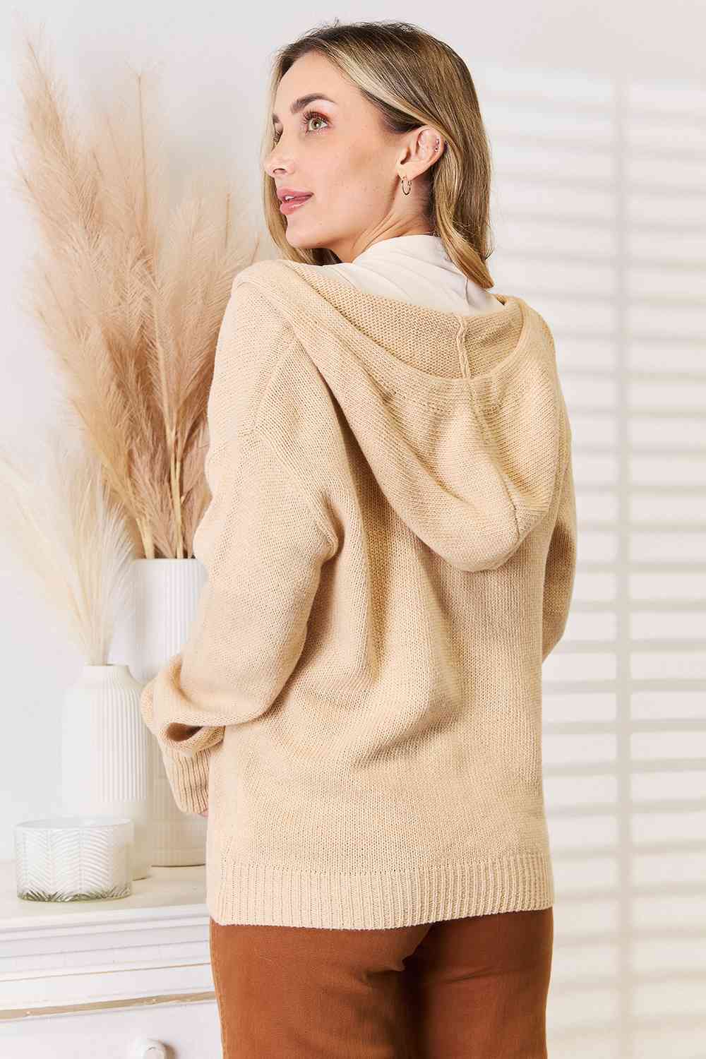 Woven Right Button-Down Long Sleeve Hooded Sweater *