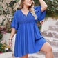 Plus Size Openwork Button Up V-Neck Short Sleeve Dress