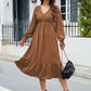 Swiss Dot V-Neck Smocked Lantern Sleeve Ruffle Hem Dress