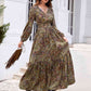 Printed Tie Neck Ruffle Hem Long Sleeve Dress