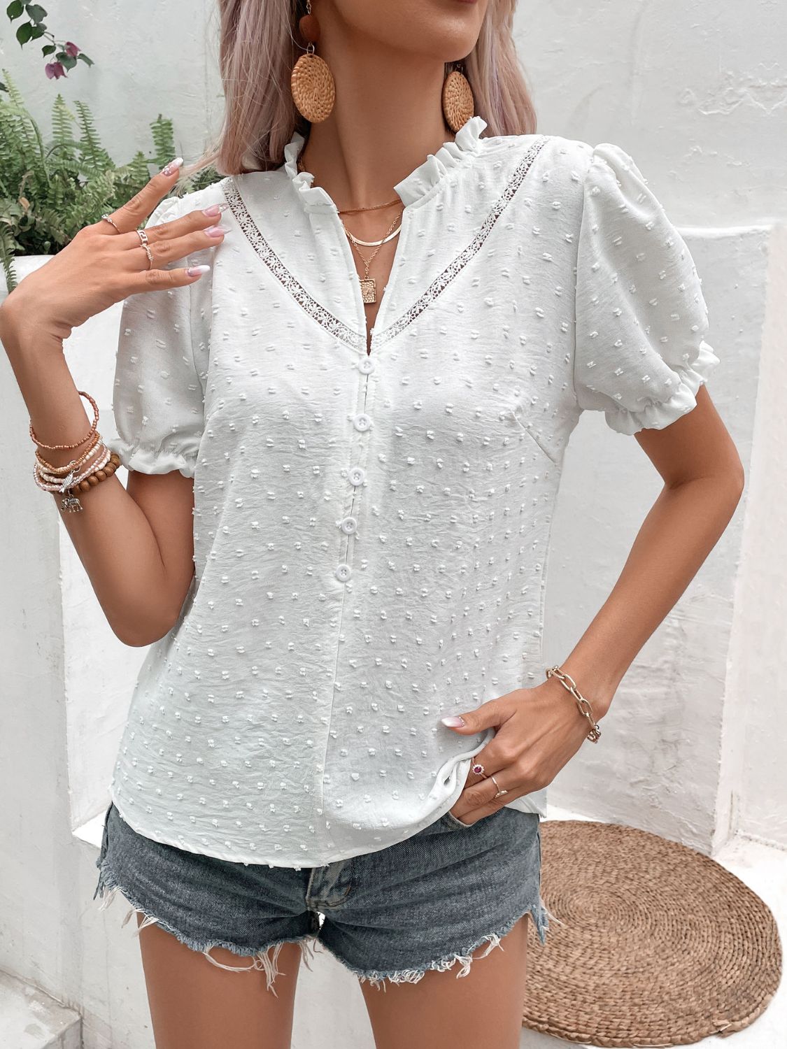 Women's Swiss Dot Buttoned Puff Sleeve Blouse