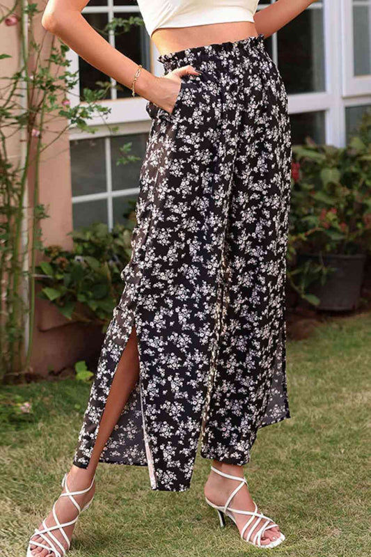 SummerCraze Black Floral Paperbag Waist Slit Ankle Wide Leg Pants