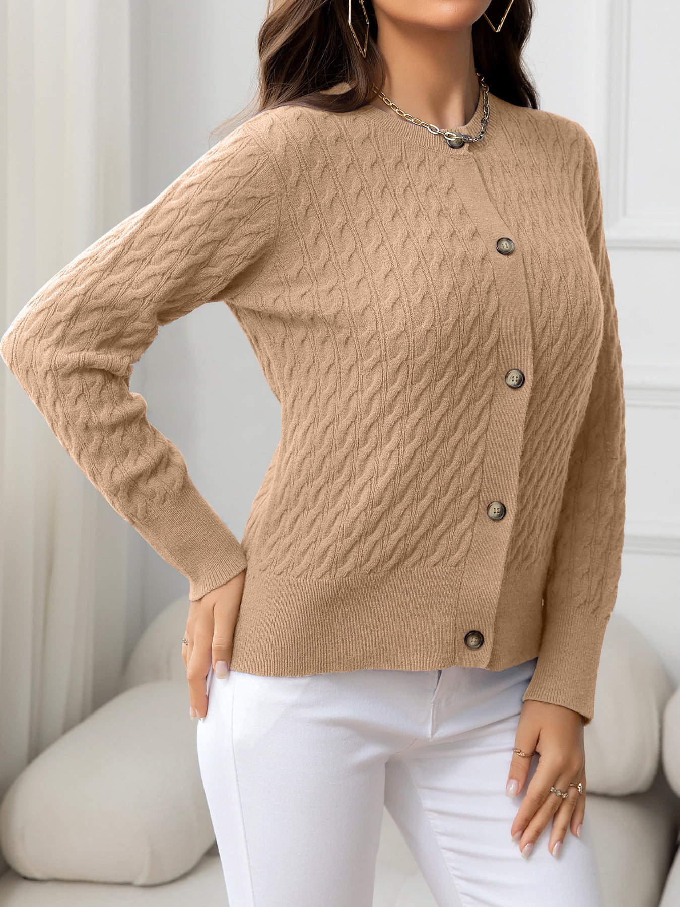 AuroraBlissX Round Neck Cable-Knit Buttoned Knit Top