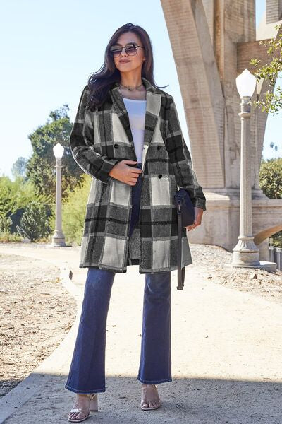 Double Take Full Size Plaid Button Up Lapel Collar Coat *