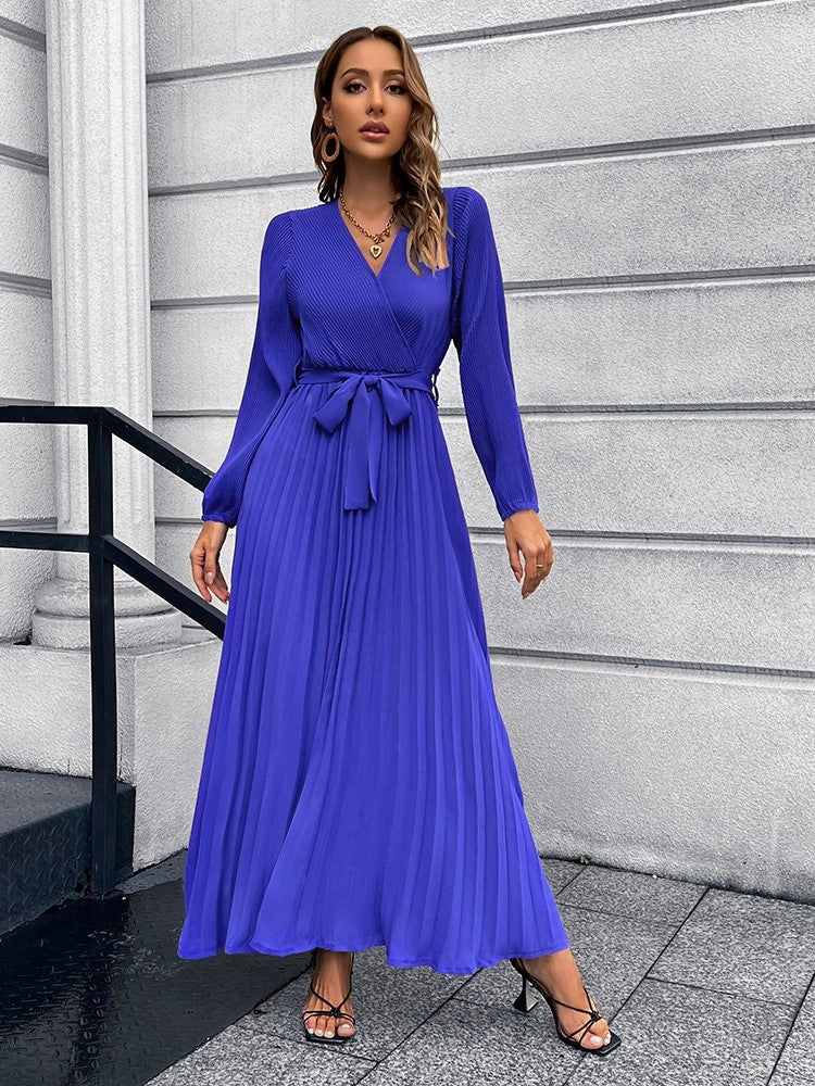 Full Size V-Neck Tie Waist Pleated Maxi Dress