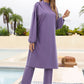 Cap, Drawstring Mock Neck Long Sleeve Top and Pants Swim Set
