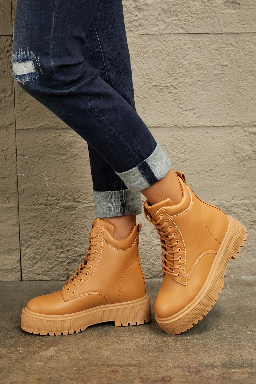 East Lion Corp Platform Caramel Combat Boots *