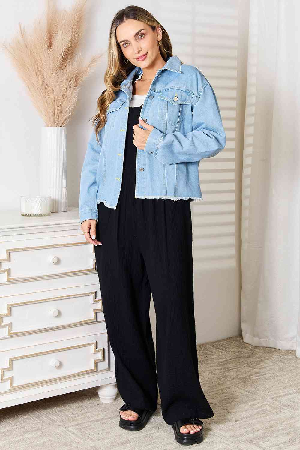 Double Take Dropped Shoulder Raw Hem Denim Jacket *