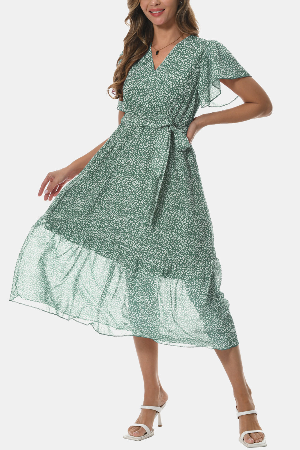 Surplice Neck Flutter Sleeve Tied Dress