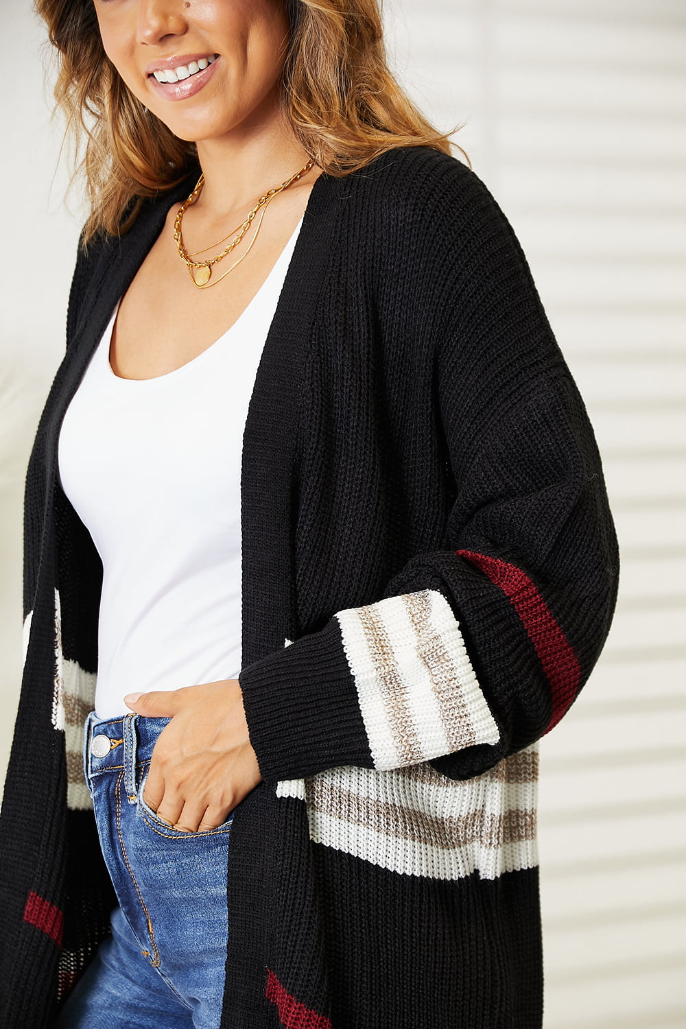 Double Take Striped Rib-Knit Drop Shoulder Open Front Black Cardigan