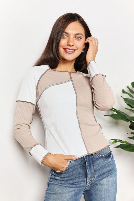 Double Take Khaki Color Block Exposed Seam Top