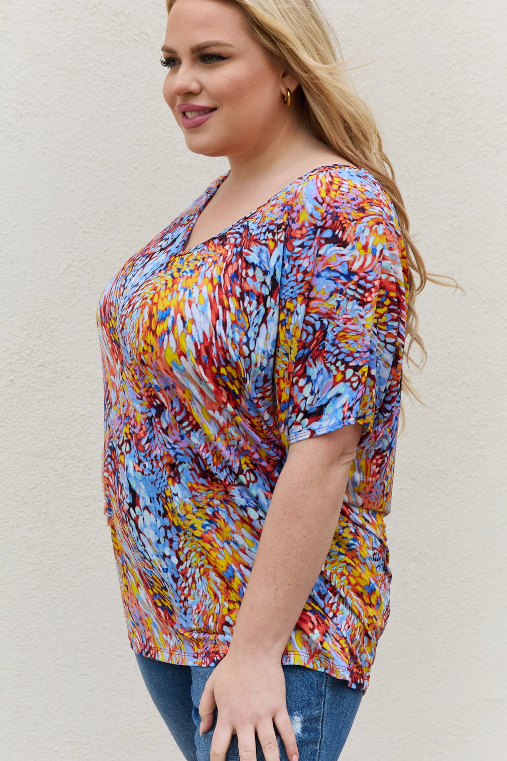 Be Stage Full Size Printed Dolman Flowy Top *