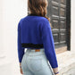 Jaylynn Navy Blue Geometric Round Neck Cropped Sweater