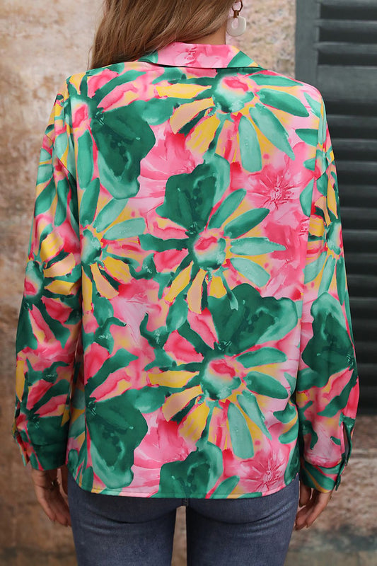 AuroraBlissX Floral Print Collared Neck Long Sleeve Shirt