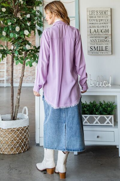 Veveret Raw Hem Button Up Long Sleeve Shirt *