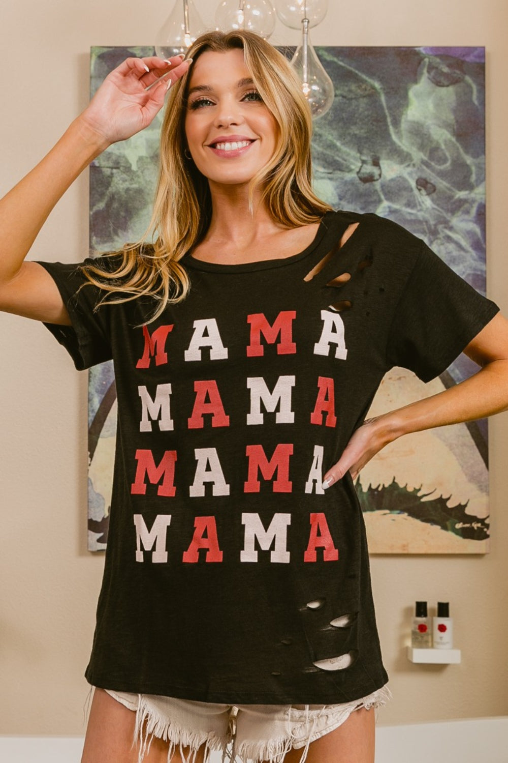BiBi MAMA Graphic Distressed Short Sleeve T-Shirt - Brand BiBi *