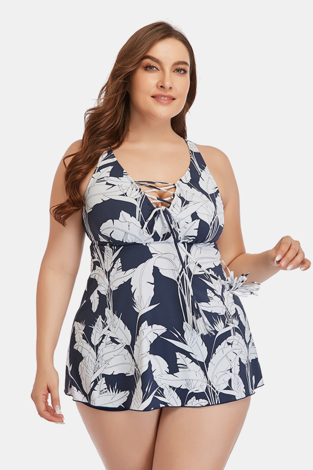 Plus Size Botanical Print Lace-Up Two-Piece Swim Set