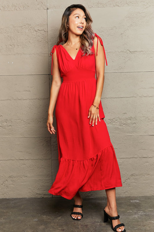 Red Drawstring V-Neck Sleeveless Dress