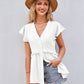 Full Size Buttoned V-Neck Ruffle Trim Top