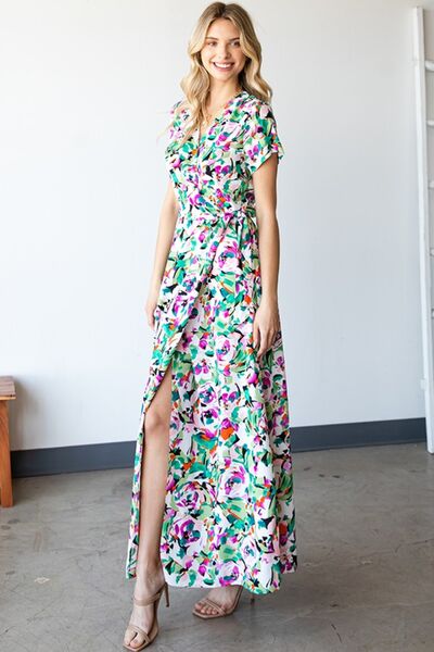 First Love Slit Printed Surplice Tie Waist Short Sleeve Dress *