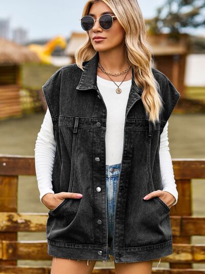 Button Up Collared Neck Sleeveless Denim Jacket Vest